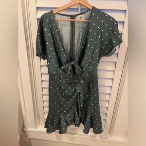 Green and white polka dot silky summer dress. Super cute. From Princess Polly.